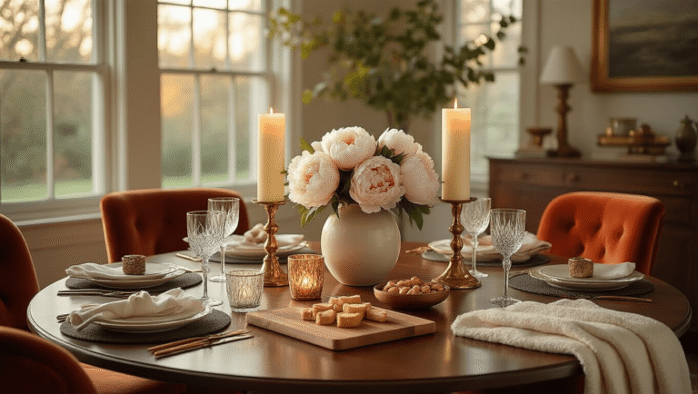 Elegant dining room setup for a housewarming, featuring a round mahogany table adorned with luxury scented candles, a fresh peony centerpiece, artisan cutting boards with gourmet snacks, crystal glassware, and monogrammed towels, all bathed in warm golden hour light that highlights brass and ceramic textures, creating an inviting atmosphere.