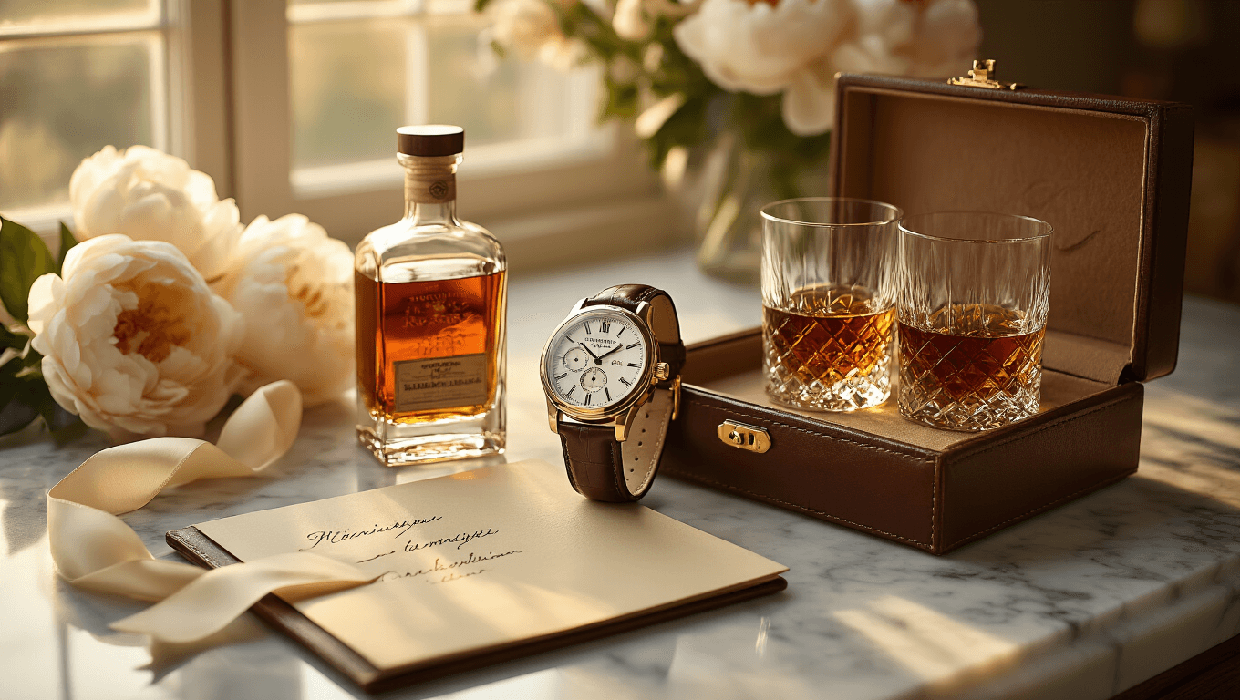 Cinematic close-up of a marble countertop featuring personalized anniversary gifts, including an engraved watch, custom whiskey glasses, and a leather photo album, all bathed in warm golden hour lighting with soft bokeh from cream peonies and ivory ribbons in the background.