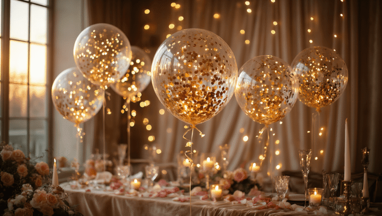 A cinematic wide-angle shot of transparent balloons filled with golden confetti and fairy lights, suspended above a luxurious event setup with warm golden hour lighting, velvet textures, and romantic décor.