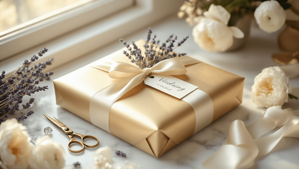 Cinematic close-up of a wedding gift wrapping station featuring metallic gold paper, ivory satin ribbons, dried lavender, vintage scissors, and personalized tags on a marble surface, illuminated by warm morning light, creating a romantic and inviting atmosphere.