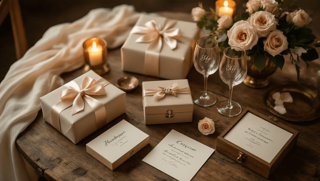 Cinematic overhead shot of an elegant wedding gift display on a rustic wood table, featuring wrapped presents with silk ribbons, monogrammed wine glasses, personalized keepsake boxes, scattered blush roses, cream linen drapery, vintage brass accents, and handwritten cards, illuminated by warm candlelight, creating a cozy, intimate atmosphere.
