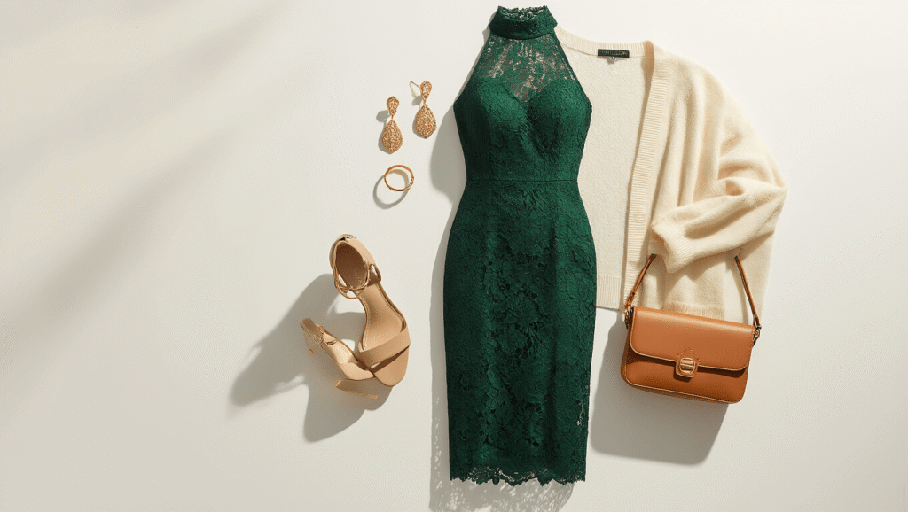 Elegant emerald green high-neck lace midi dress with gold drop earrings, stacking rings, nude strappy heels, cognac leather crossbody bag, and cream cashmere cardigan on a white background.