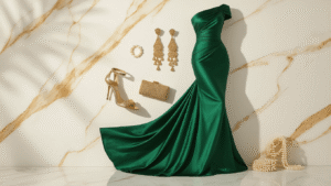 Emerald green one-shoulder silk gown with gold accessories on a white marble surface, featuring chandelier earrings, metallic heels, and a beaded clutch, illuminated by warm lighting.