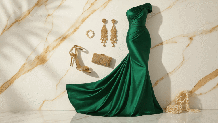 Emerald green one-shoulder silk gown with gold accessories on a white marble surface, featuring chandelier earrings, metallic heels, and a beaded clutch, illuminated by warm lighting.