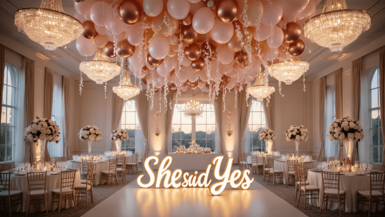 Cinematic wide-angle shot of an elegant ballroom decorated for an engagement celebration, featuring a stunning installation of blush pink, rose gold, and ivory balloons with cascading garlands, crystal chandeliers, silk ivory linens on reception tables, and soft natural light filtering through tall arched windows, creating a romantic and celebratory atmosphere.