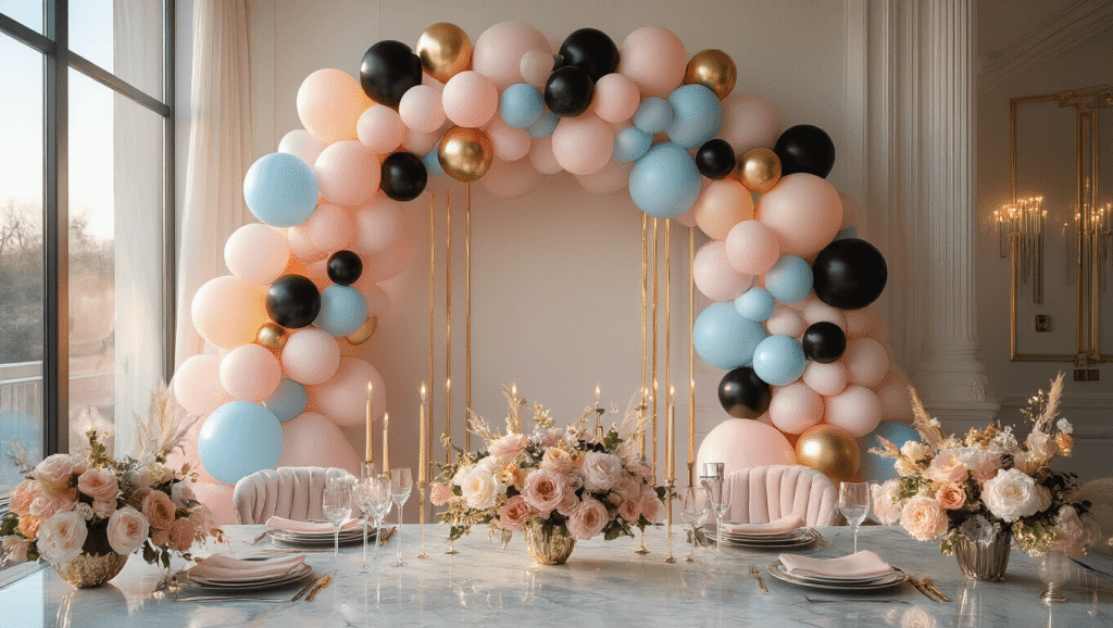 Luxurious birthday party setup featuring a pastel balloon arch in blush pink, sky blue, and peach, with metallic black and gold accents, elegant table settings, and soft bokeh lighting.