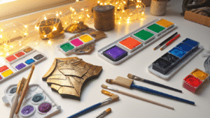 A warm and inviting crafting workspace featuring EVA foam armor pieces and vibrant jewel-toned acrylic paints on a clean white surface, illuminated by golden afternoon light, showcasing a creative atmosphere.