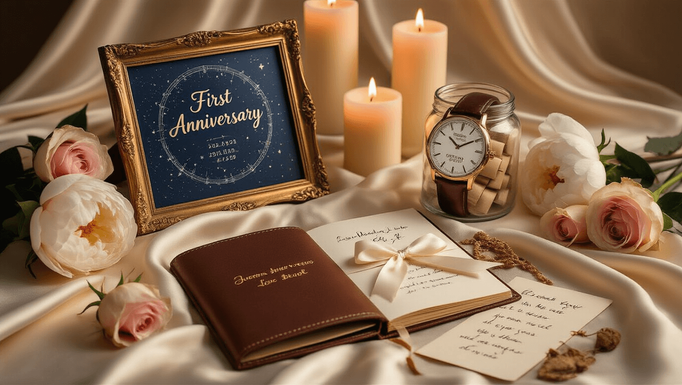 Cinematic flat lay of personalized first anniversary gifts on cream silk, featuring a gold-framed custom star map, an engraved watch, an open leather-bound photo book, love letters tied with ivory ribbon, and a memory jar, surrounded by blush roses, white peonies, and flickering candles, all captured in warm golden hour lighting.