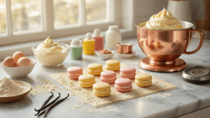 Cinematic overhead view of pastel macarons on silicone mats, almond flour-dusted marble countertop, copper mixer with glossy buttercream, scattered baking ingredients, warm golden hour lighting, and inviting artisanal kitchen atmosphere.