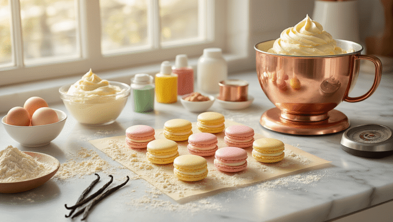 Cinematic overhead view of pastel macarons on silicone mats, almond flour-dusted marble countertop, copper mixer with glossy buttercream, scattered baking ingredients, warm golden hour lighting, and inviting artisanal kitchen atmosphere.