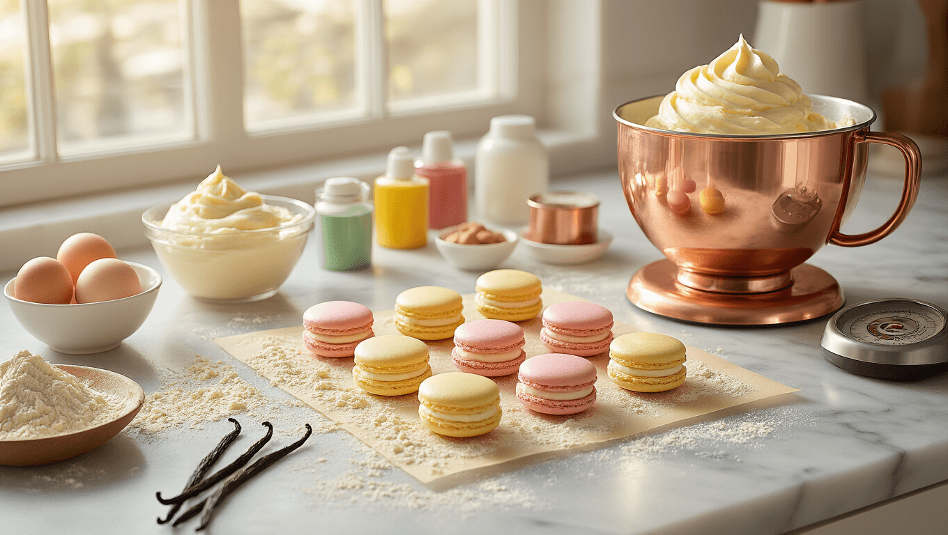 Cinematic overhead view of pastel macarons on silicone mats, almond flour-dusted marble countertop, copper mixer with glossy buttercream, scattered baking ingredients, warm golden hour lighting, and inviting artisanal kitchen atmosphere.