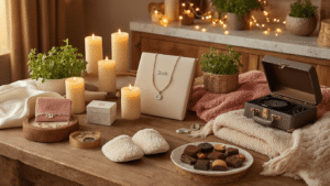 Unforgettable Gift Ideas for Friends: A Comprehensive Guide Elegant gift display showcasing personalized jewelry, spa sets, tech accessories, and artisan chocolates, beautifully arranged on rustic wooden surfaces with warm candlelight and rich textures in a cozy, intimate atmosphere.