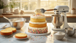 Cinematic overhead view of a marble kitchen with a three-layer funfetti cake being assembled, topped with fluffy buttercream frosting and rainbow sprinkles, surrounded by baking tools and warm golden hour lighting.