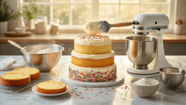 Cinematic overhead view of a marble kitchen with a three-layer funfetti cake being assembled, topped with fluffy buttercream frosting and rainbow sprinkles, surrounded by baking tools and warm golden hour lighting.