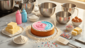 Cinematic overhead view of a marble kitchen counter during golden hour, featuring vibrant pink and blue food coloring, flour, stainless steel bowls, electric mixer, measuring cups, softened butter, sugar, fresh eggs, vanilla extract, colorful sprinkles, and cake pans, evoking a warm and inviting atmosphere for a gender reveal cake preparation.