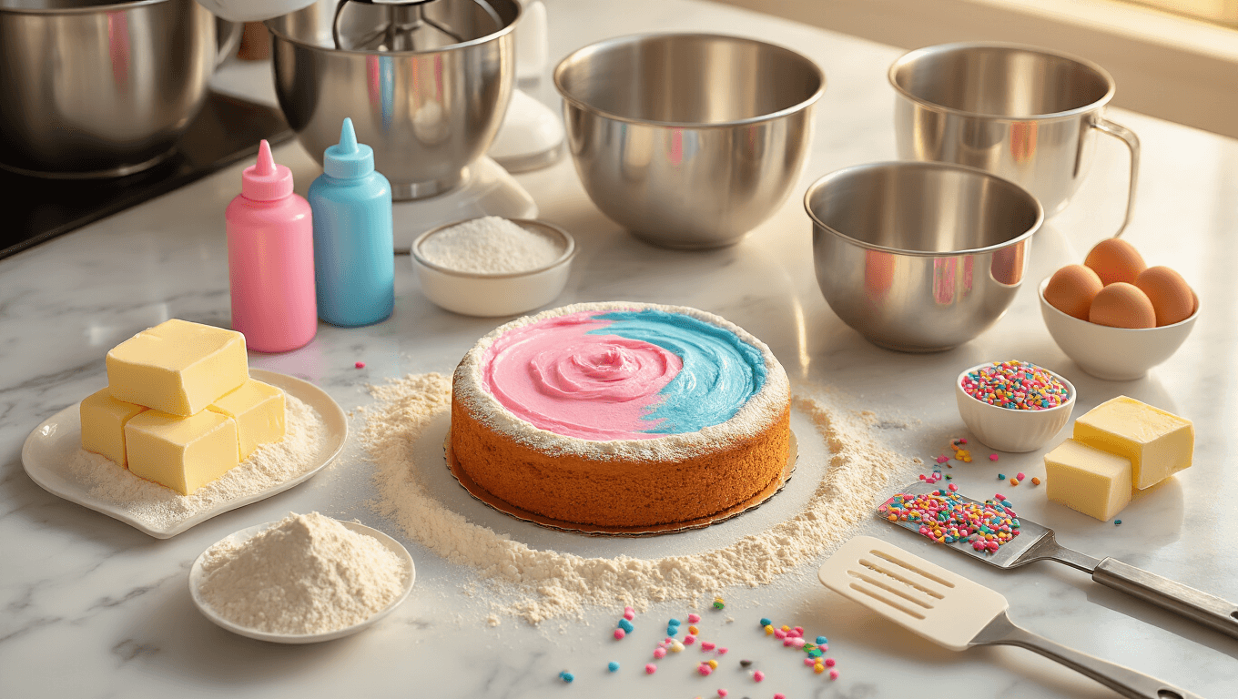 Cinematic overhead view of a marble kitchen counter during golden hour, featuring vibrant pink and blue food coloring, flour, stainless steel bowls, electric mixer, measuring cups, softened butter, sugar, fresh eggs, vanilla extract, colorful sprinkles, and cake pans, evoking a warm and inviting atmosphere for a gender reveal cake preparation.