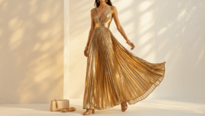 A gold metallic pleated maxi dress displayed on a white background, complemented by rose gold jewelry, nude block heels, and a small cream clutch, all illuminated by warm lighting that enhances the dress's shimmering texture.