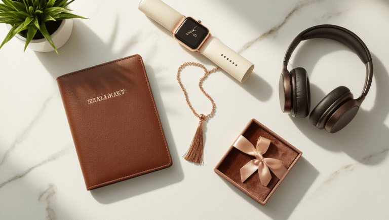Cinematic flatlay of elegant personalized graduation gifts on white marble: monogrammed leather journal, rose gold smartwatch, personalized passport holder, charm necklace in velvet box, noise-canceling headphones, graduation cap, and rolled diploma with silk ribbon. Soft natural lighting highlights textures and a minimalist aesthetic of warm colors.