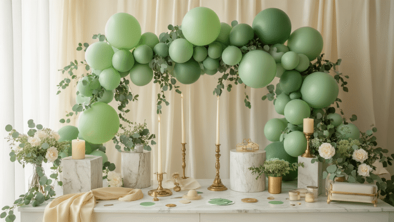 Cinematic wide-angle shot of a luxurious event styling workspace featuring green balloons in various shades, marble pedestals, golden arch strips, and soft natural daylight filtering through sheer curtains, creating an inviting atmosphere with botanical accents.