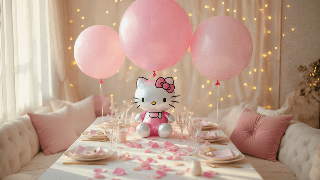 Cinematic overhead shot of Hello Kitty balloons in pastel hues above an elegant party setup, featuring giant character balloons, silk streamers, rose petals, and warm golden hour lighting, creating a cozy atmosphere with fairy lights bokeh in the background.