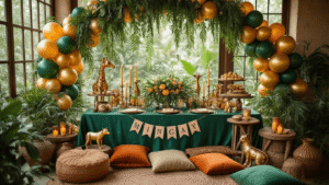 Cinematic overhead view of an elegant jungle-themed birthday party setup with emerald silk table linens, gold animal figurines, lush tropical centerpieces, a safari balloon arch, flickering candles, rustic cake stands, vintage ceramic plates, personalized banners, and warm golden hour lighting.