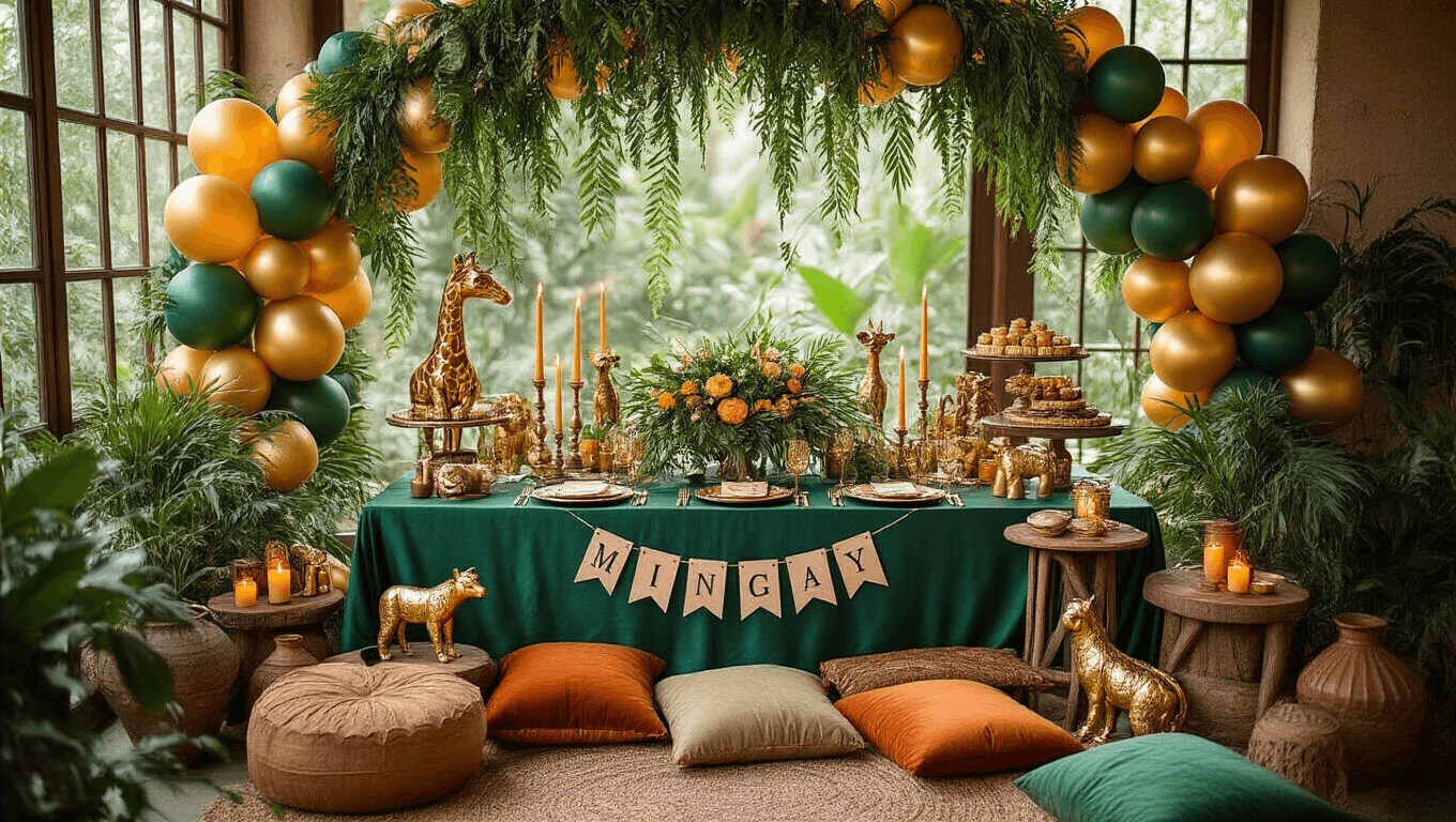 Cinematic overhead view of an elegant jungle-themed birthday party setup with emerald silk table linens, gold animal figurines, lush tropical centerpieces, a safari balloon arch, flickering candles, rustic cake stands, vintage ceramic plates, personalized banners, and warm golden hour lighting.