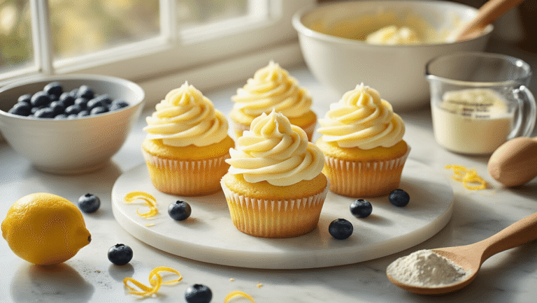 Overhead view of golden lemon blueberry cupcakes topped with creamy swirled cream cheese frosting on a marble countertop, surrounded by fresh blueberries, lemon zest curls, and baking tools, illuminated by warm morning light.