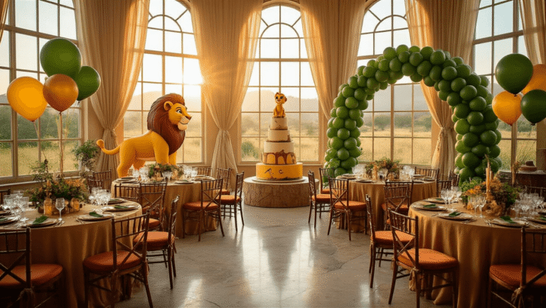 Cinematic wide-angle view of a luxurious ballroom transformed into a Lion King safari-themed birthday party, featuring tiered tables with earth-toned silk linens, floating Simba balloons, jungle-green arches, and rustic decor, all illuminated by warm golden sunlight.