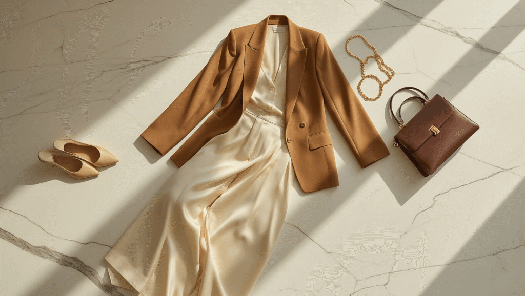A camel long-line blazer and cream silk trousers elegantly arranged on a white marble surface, with gold jewelry, pointed-toe flats, and a structured leather handbag in soft natural lighting.