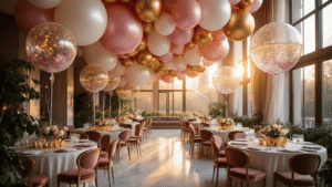 Cinematic wide-angle shot of a luxurious event space adorned with oversized pearl white, blush pink, and metallic gold balloons, sunlight streaming through tall windows, illuminating marble floors and elegant round tables, featuring confetti-filled translucent balloons and eucalyptus garlands.