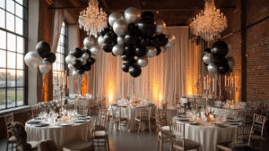 A luxurious ballroom setup during golden hour, featuring elegant black matte and silver chrome balloon centerpieces, warm amber lighting, crystal chandeliers, ivory silk table linens, and a balloon garland backdrop against exposed brick.