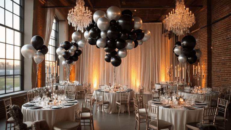 A luxurious ballroom setup during golden hour, featuring elegant black matte and silver chrome balloon centerpieces, warm amber lighting, crystal chandeliers, ivory silk table linens, and a balloon garland backdrop against exposed brick.