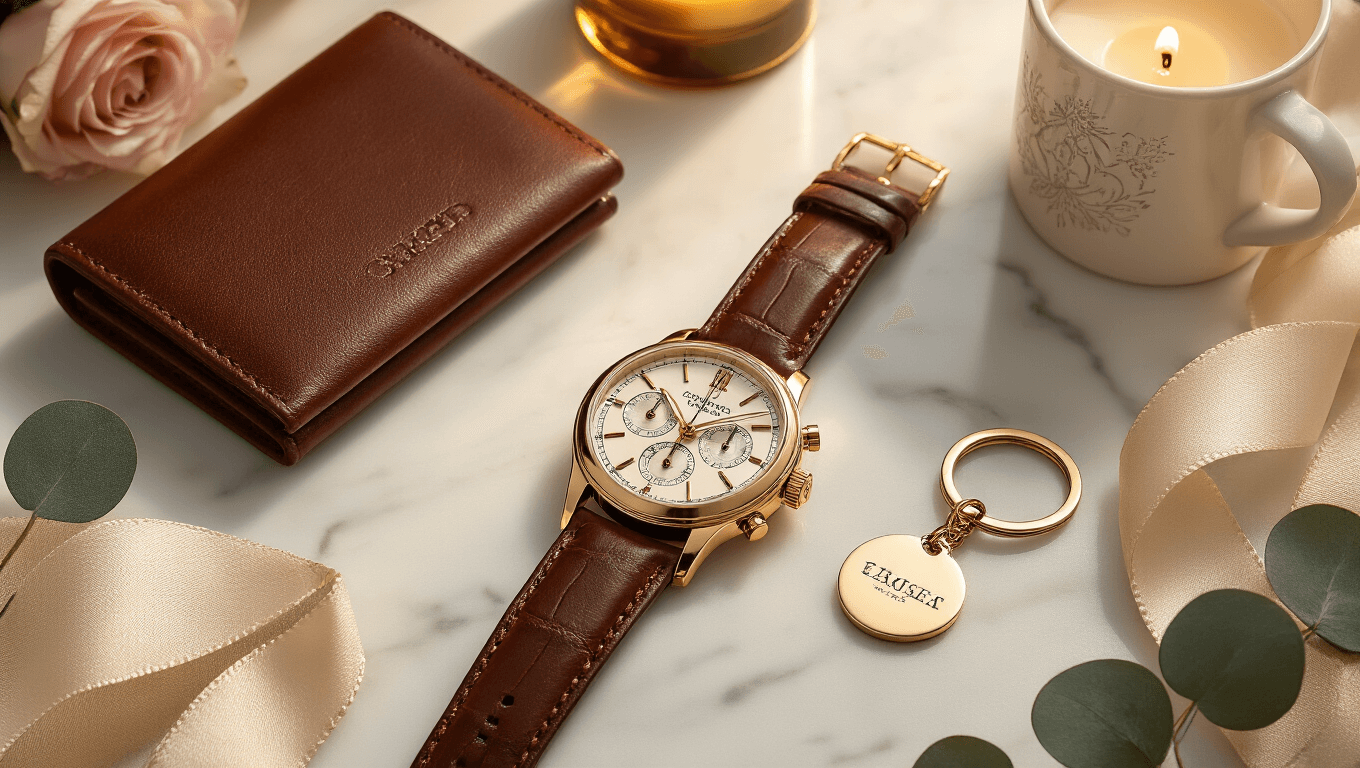 Overhead view of luxury anniversary gifts including an engraved chronograph watch, leather wallet, personalized keychain, and custom mug arranged on a polished marble surface, accented with blush roses and eucalyptus, illuminated by warm golden hour lighting.