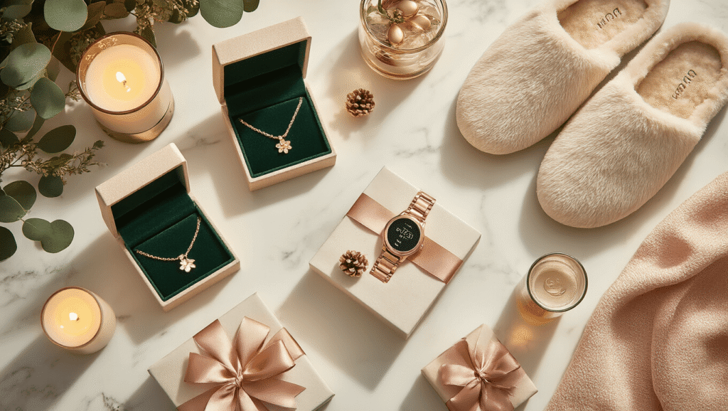 Cinematic overhead view of a luxurious Christmas gift arrangement on a marble surface, showcasing personalized jewelry, plush slippers, a smartwatch, spa sets, and a temperature control mug, all adorned with silk ribbons and fresh florals under warm golden lighting.