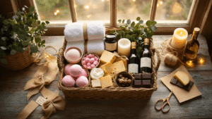 Ultimate Gift Basket Guide: Personalized Gifting in 2025 Cinematic overhead view of a beautifully arranged luxury gift basket on a rustic wooden table, featuring spa items, gourmet foods, and decorative elements, illuminated by warm sunlight and surrounded by eco-friendly materials.