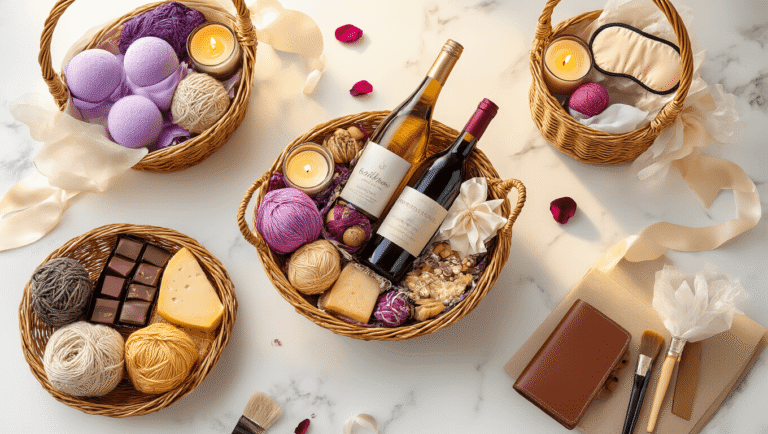 Cinematic overhead view of a luxurious gift basket on a white marble surface, featuring spa essentials, gourmet treats, and creative supplies, adorned with satin ribbons, delicate tissue paper, and rose petals, captured in warm golden hour lighting.