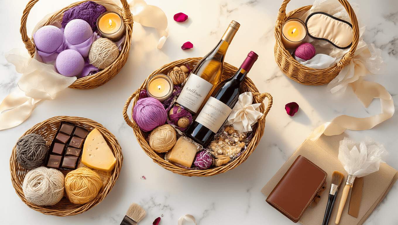 Cinematic overhead view of a luxurious gift basket on a white marble surface, featuring spa essentials, gourmet treats, and creative supplies, adorned with satin ribbons, delicate tissue paper, and rose petals, captured in warm golden hour lighting.