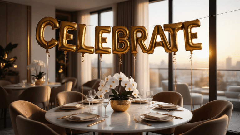 Cinematic wide shot of an elegant dining room featuring oversized metallic gold letter balloons spelling 'CELEBRATE,' a round marble table adorned with silk ivory linens, crystal glassware, and fresh white orchids, all illuminated by golden hour sunlight through large windows.