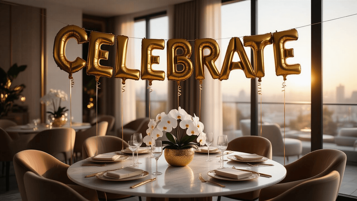 Cinematic wide shot of an elegant dining room featuring oversized metallic gold letter balloons spelling 'CELEBRATE,' a round marble table adorned with silk ivory linens, crystal glassware, and fresh white orchids, all illuminated by golden hour sunlight through large windows.