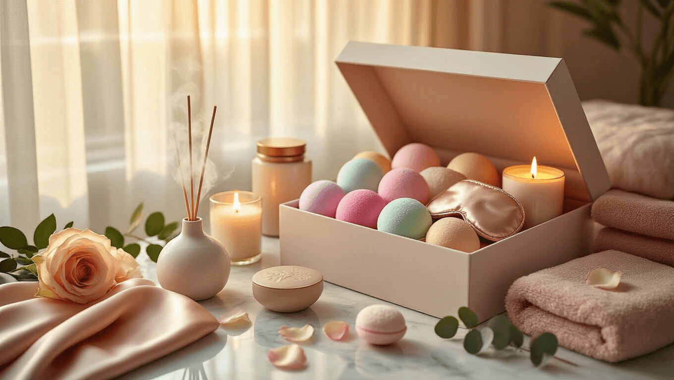 Cinematic close-up of a luxury self-care gift box filled with pastel bath bombs, silk eye masks, and candles on a marble countertop, illuminated by golden hour sunlight, surrounded by rose petals and eucalyptus, with a ceramic diffuser and plush textiles creating a serene spa-like atmosphere.