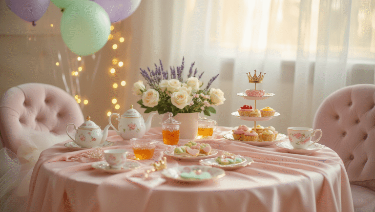 Cinematic wide shot of a magical toddler tea party with pastel decor, featuring a low wooden table draped in blush pink silk, miniature tea sets, colorful cupcakes, and heart-shaped sandwiches, surrounded by velvet cushioned chairs, fairy lights, and floating balloons in a warm, inviting atmosphere.
