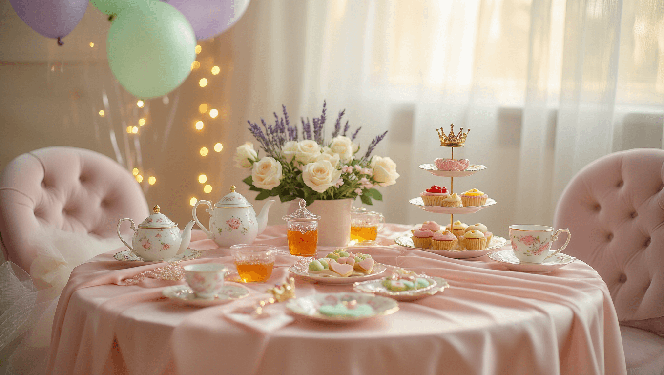 Cinematic wide shot of a magical toddler tea party with pastel decor, featuring a low wooden table draped in blush pink silk, miniature tea sets, colorful cupcakes, and heart-shaped sandwiches, surrounded by velvet cushioned chairs, fairy lights, and floating balloons in a warm, inviting atmosphere.