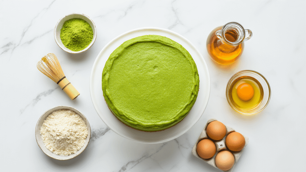 Cinematic overhead view of a vibrant green matcha birthday cake on a white ceramic stand, surrounded by finely arranged baking ingredients on a marble countertop, including matcha powder, almond flour, maple syrup, coconut oil, fresh eggs, and vanilla extract, illuminated by soft natural lighting.