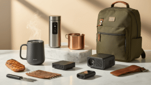 Cinematic wide-angle image of an elegant gift display featuring tech gadgets, grilling tools, and adventure gear on white marble, illuminated by warm golden hour lighting, with a minimalist composition and rich textures in gunmetal gray, copper, and olive green.