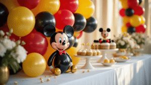 Mickey Mouse Balloons: The Ultimate Party Decoration Guide Cinematic close-up of a luxurious Mickey Mouse party setup with red, yellow, and black balloons on a white tablecloth, featuring elegant treats and soft golden hour lighting.