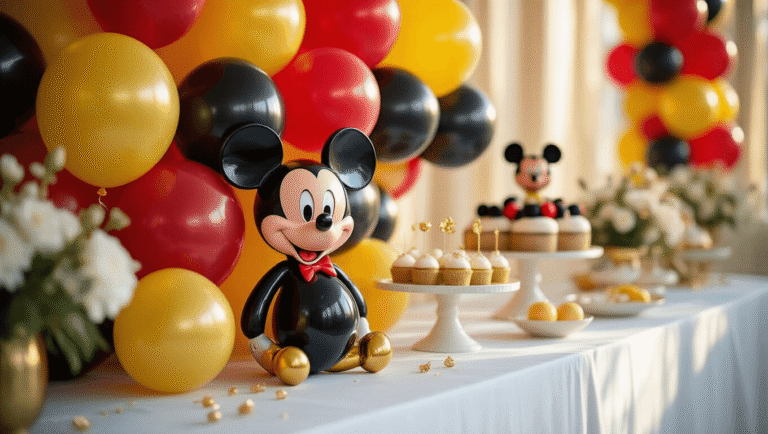 Cinematic close-up of a luxurious Mickey Mouse party setup with red, yellow, and black balloons on a white tablecloth, featuring elegant treats and soft golden hour lighting.