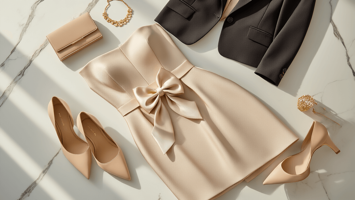 Sophisticated midi pencil dress with satin bow detail on a white marble surface, styled with nude heels, gold jewelry, blazer, and clutch in natural lighting.