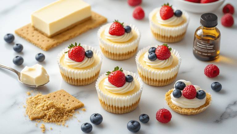Cinematic overhead shot of mini cheesecakes in white liners with golden crusts, topped with fresh strawberries, blueberries, and raspberries, arranged on a marble surface with scattered ingredients and warm natural lighting.