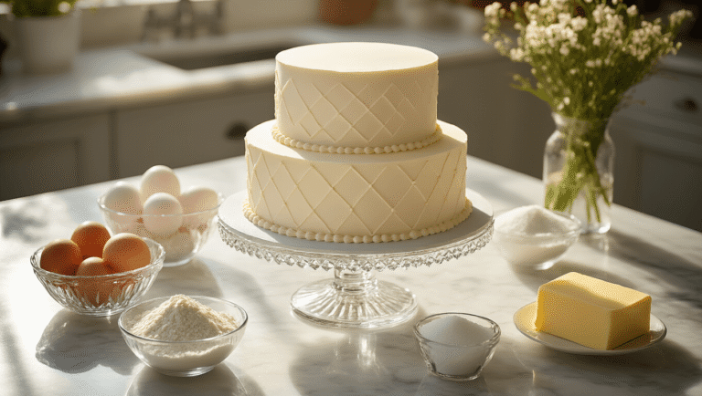 Cinematic overhead view of a minimalist three-tier wedding cake on a crystal pedestal, surrounded by pristine baking ingredients and tools, all bathed in soft golden morning light on a marble counter.