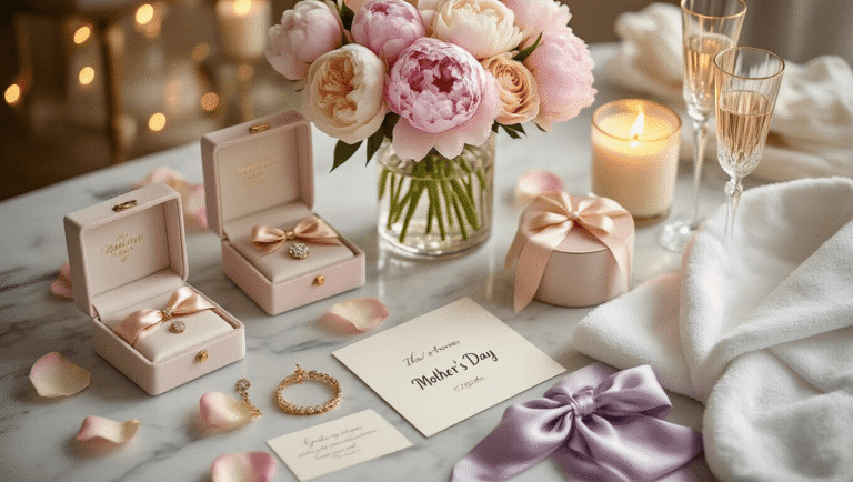 Cinematic overhead view of an elegant Mother's Day gift arrangement on a polished marble surface, featuring peonies and roses, personalized jewelry boxes, luxury spa sets, candles, plush bathrobes, handwritten cards, champagne flutes, and rose petals, creating a warm and inviting celebration of motherhood.